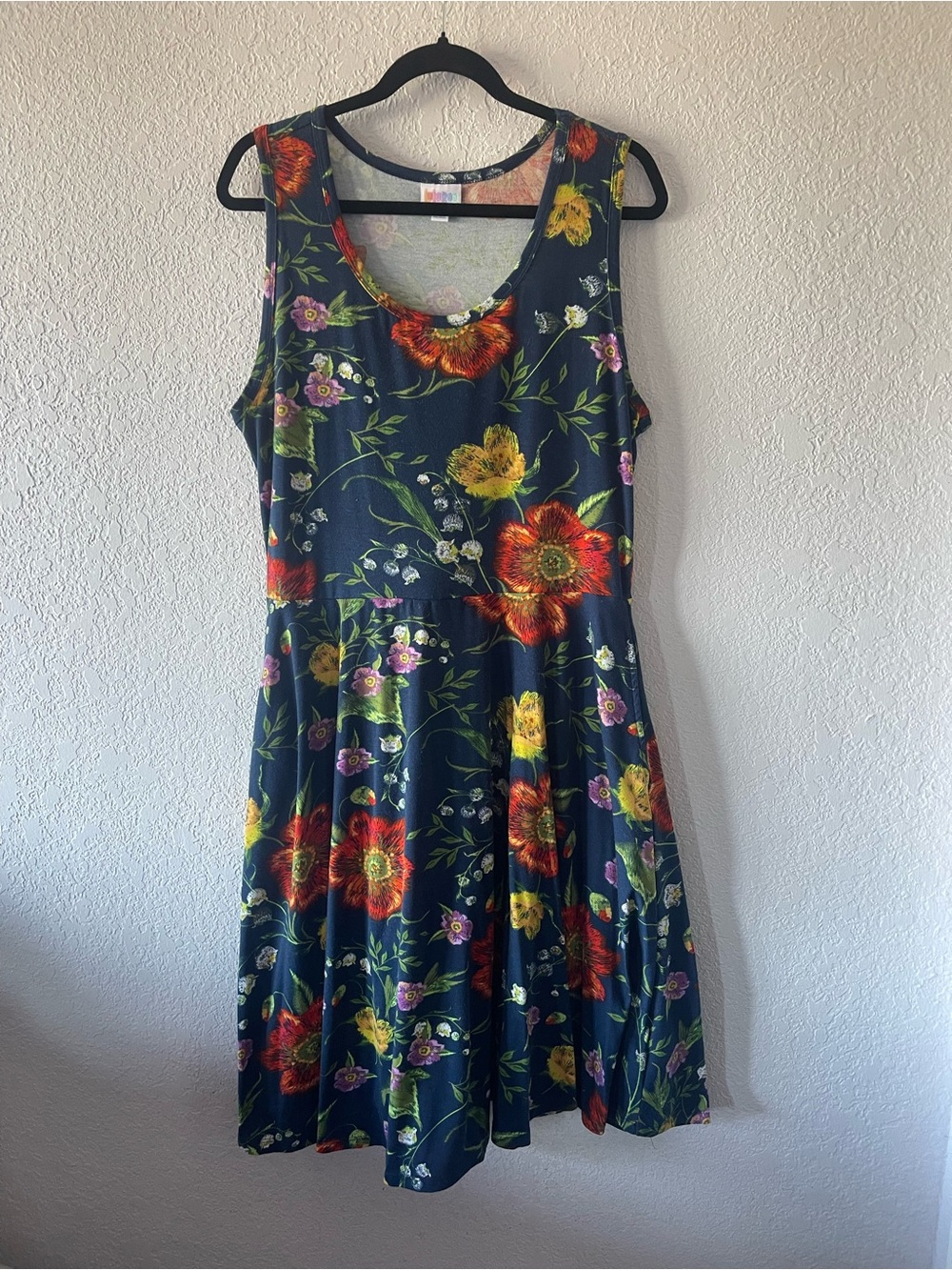 LuLaRoe Navy Floral Scoop Neck Mini Dress with Red & Yellow Blooms
